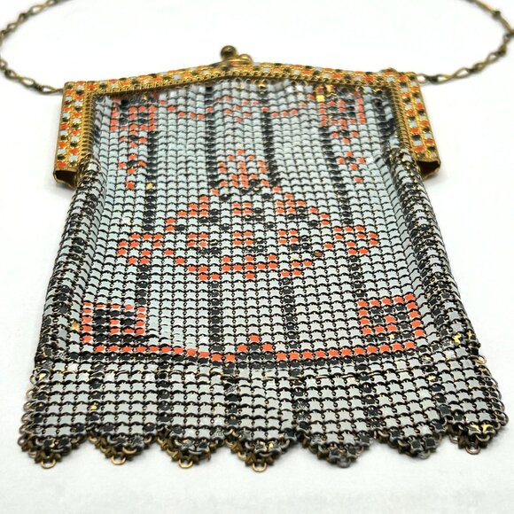Vintage Mesh Flapper Purse Whiting & Davis Co Metal Chainmail Bag Fringe Design - Picture 2 of 6